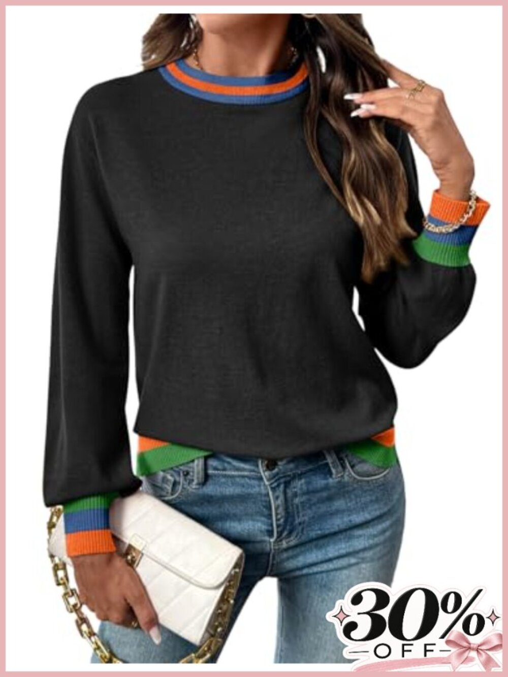 SHEWIN Womens Crew Neck Long Sleeve Knit Color Block Sweater Pullover